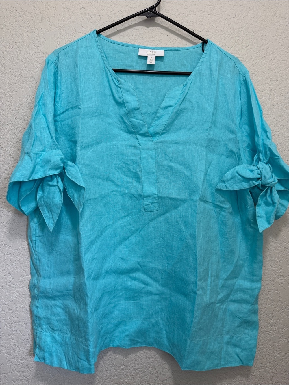Turquoise Tie Sleeve V Neck Linen Top